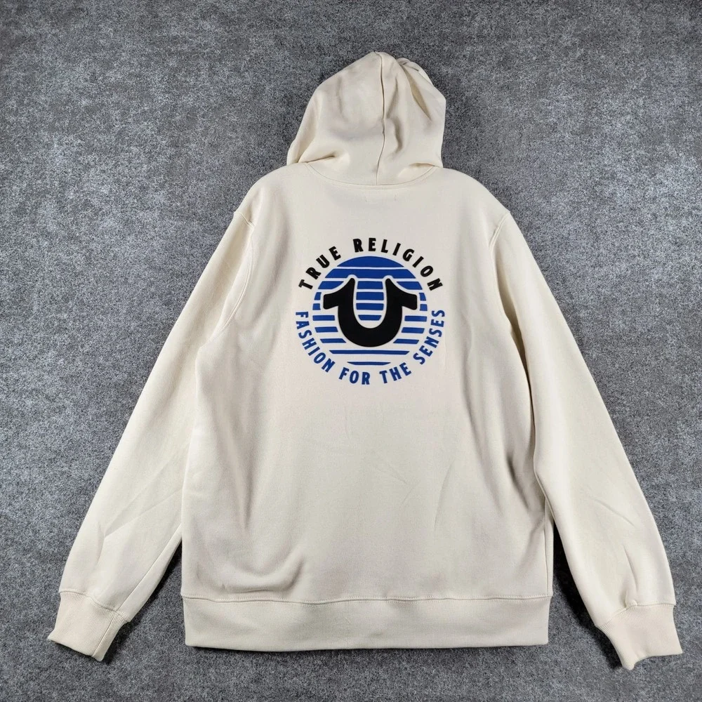 NWT True Religion Zip-Up Hoodie Mens XL Winter White Fleece Classic Logo Graphic